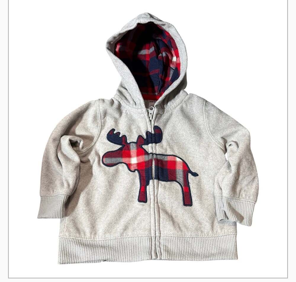 Carter's Baby Grey Fleece Red Buffalo Plaid Moose Full-Zip Hoodie